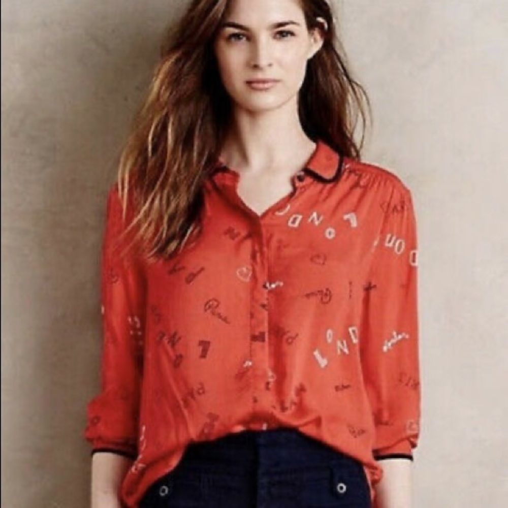 Anthroplogie Maeve Art House Blouse Capital Cities Red 2 button down top